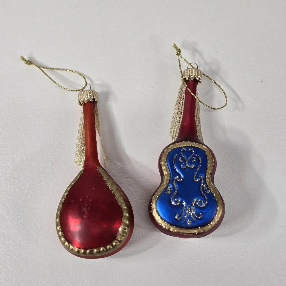 VTG Mercury Glass Hand Painted Mandolin Music Instruments Guitars ‎ Red Blue MCM